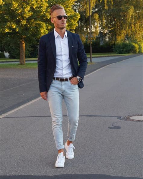 blazer with jeans and sneakers.